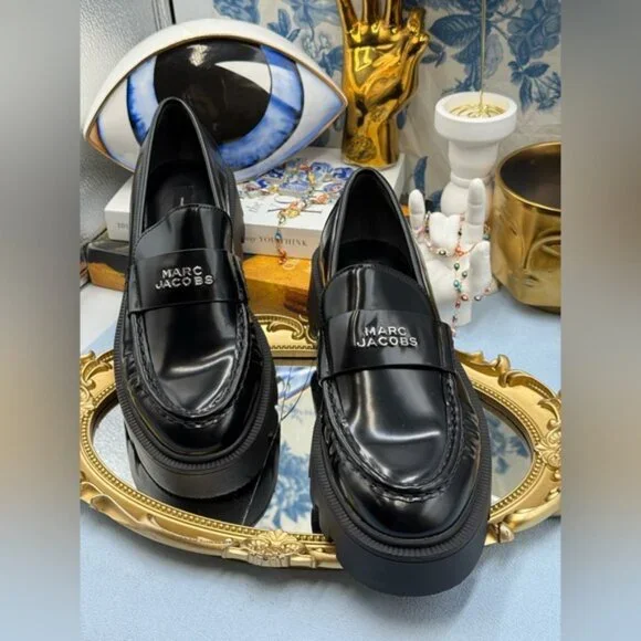 🆕 MARC JACOBS 🧿 NWOB The Frankie Logo-Plaque Platform Loafer, Black Sz 37 US7 - Picture 4 of 14